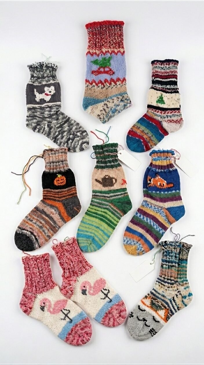 Handgestrickte Kindersocken mit vielen verschiedenen Motiven
